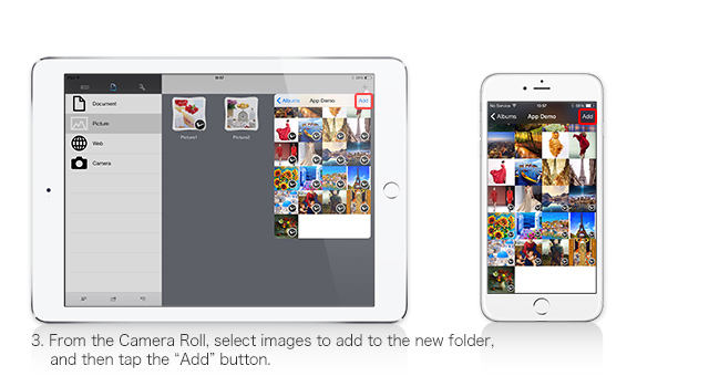 3. From the Camera Roll, select images to add to the new folder, and then tap the 'Add' button.