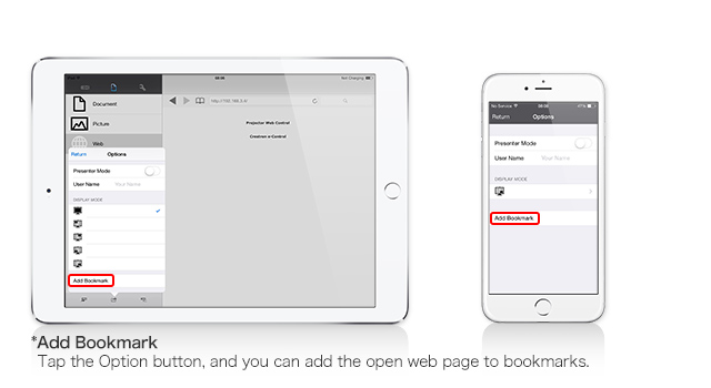 *Add Bookmark
Tap the Option button, and you can add the open web page to bookmarks.
