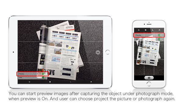 You can start preview images after capturing the object under photograph mode, when preview is On. And user can choose project the picture or photograph again.