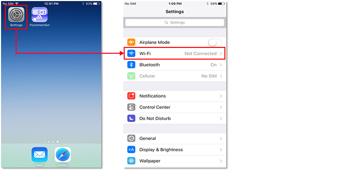 On the iPhone/iPad, select [Settings] - [Wi-Fi].