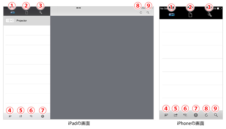 iPad/iPhoneアプリのインタフェース　iPadの画面　iPhoneの画面