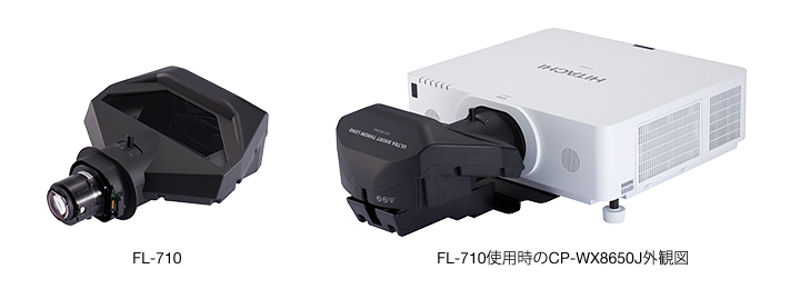 FL-710外観図と超短焦点レンズFL-710使用時のCP-WX8650J外観図