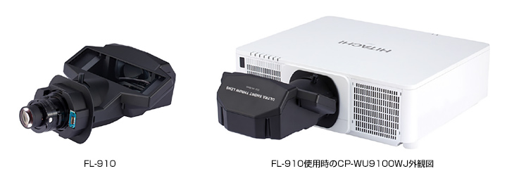 FL-910外観図と超短焦点レンズFL-910使用時のCP-WU9100WJ外観図